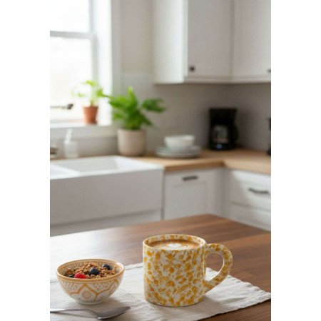 keramik mugg -orange stänkmönster